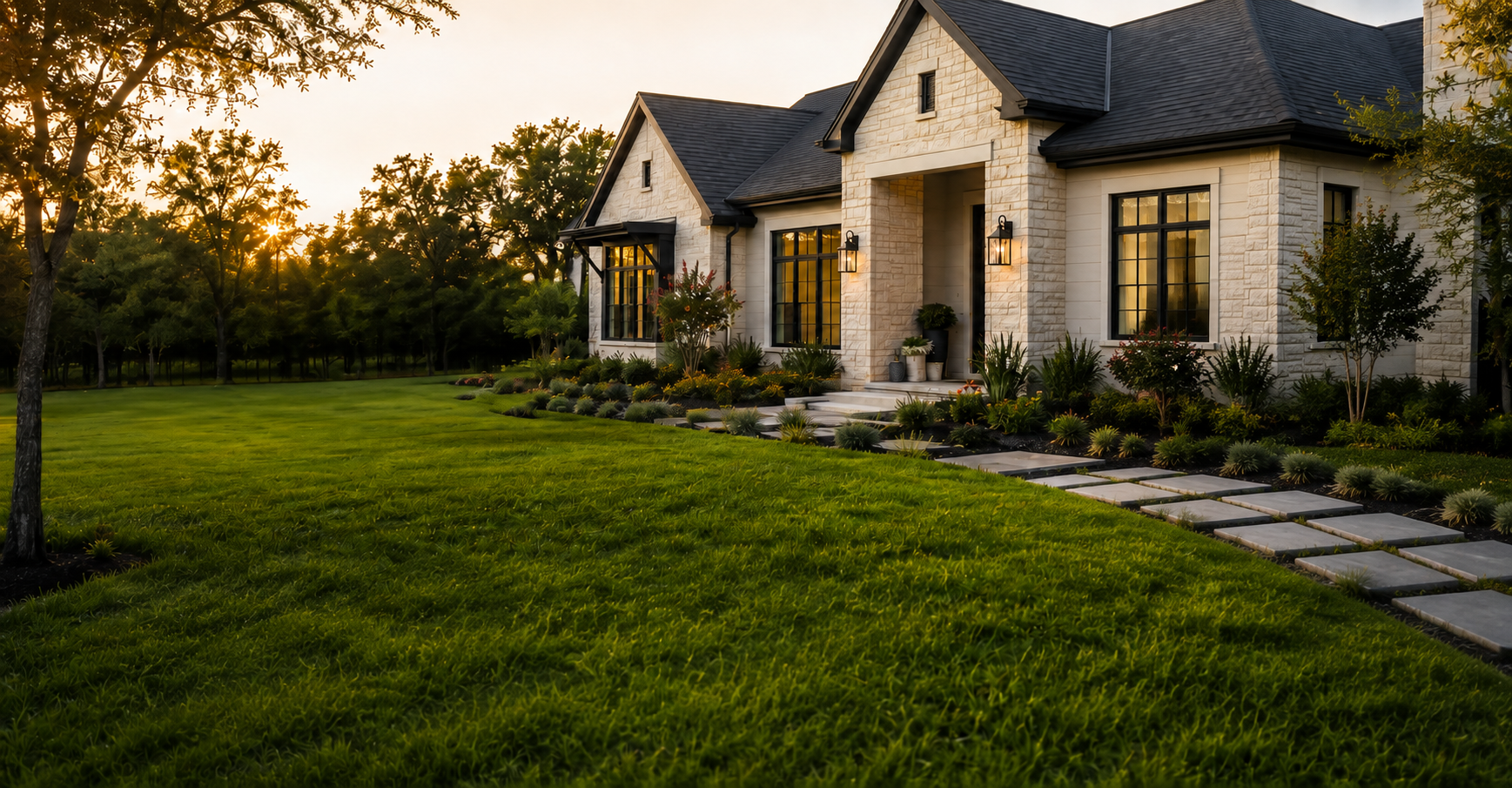 Texas home and landscaped yard in late-afternoon light